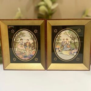 Antique Embroidered Silk c1930s Framed Set 2 Wall Hanging Pictures Needlepoint